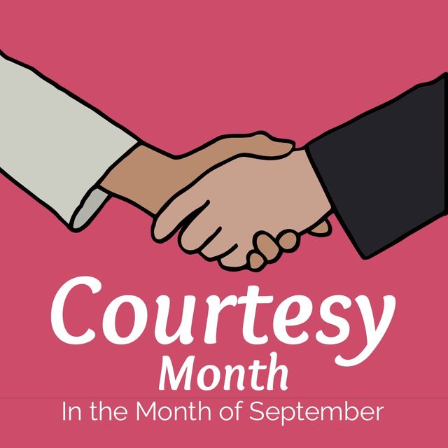 Vector image of handshake with courtesy month in the month of september text on pink background. Copy space, illustration, celebration, courtesy month, being kind and courteous concept.