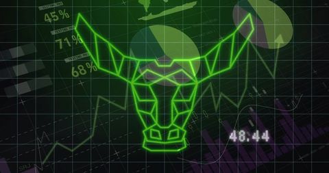 Neon polygonal bull head wireframe dominating trading dashboard charts timer