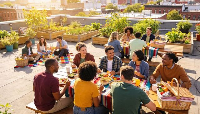 Friends enjoying rooftop picnic and urban garden gathering on sunny terrace, casual dining