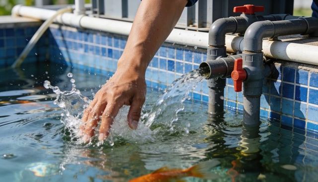 Hand stirring water in backyard koi pond with pvc plumbing and red valve splashing closeup