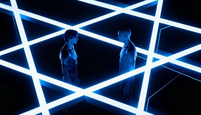 Two men standing in neon cyan lattice grid, futuristic reflective rim-lighting on torsos