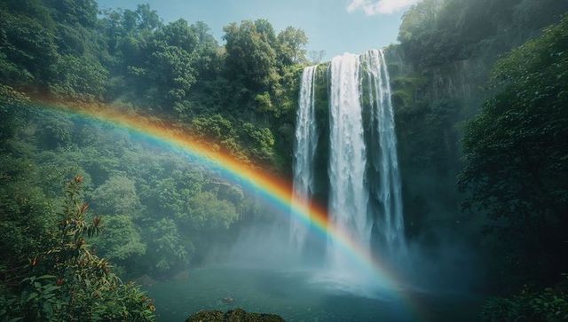 Majestic waterfall with vibrant rainbow in lush canyon