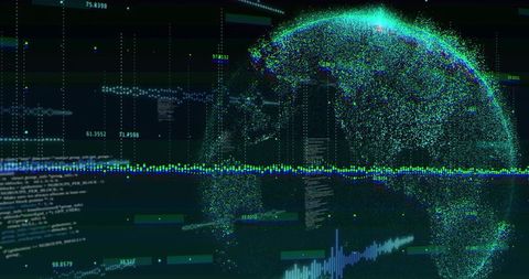 Neon Data Globe Pulsing with Particle Network, Waveform Sparkline and Holographic Analytics
