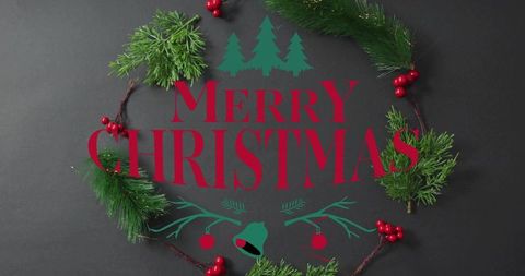 Merry christmas wreath flatlay with evergreen sprigs, red berries and festive typography