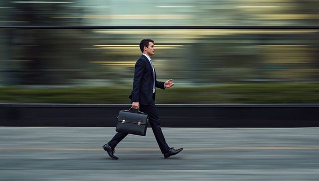 Executive striding with leather briefcase along urban glass facade motion blur