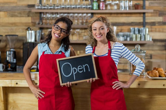 Portrait of two smiling waitress standing with open signboard in cafe