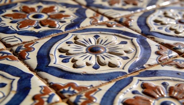Sunlit blue and brown glazed ceramic tile close-up showing floral rosette and textured grout