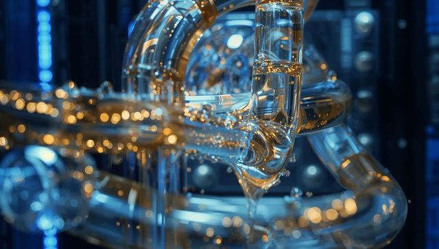 Shimmering curved glass tubing network with droplets, condensation and blue led bokeh
