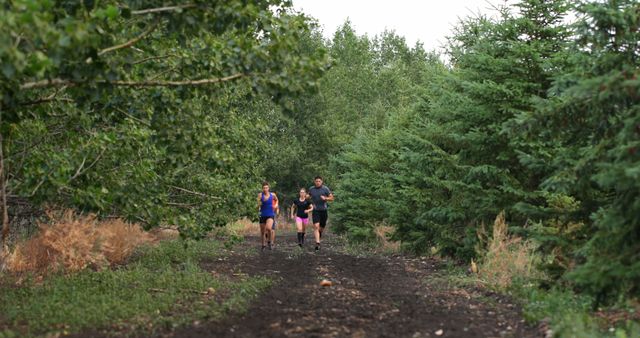 Three people are running together on dirt path through green trees. Wearing sports clothes, they enjoy outdoor exercise, surrounded by nature