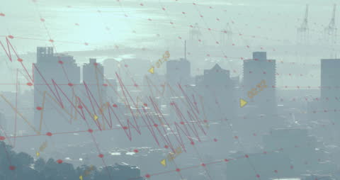 Financial Data Animation Overlaying Urban Cityscape
