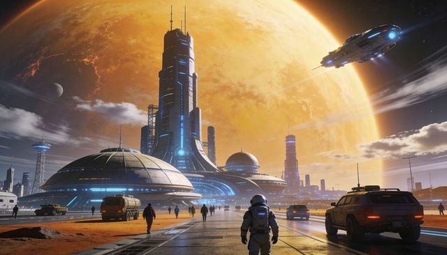 Explorer walking across futuristic spaceport on orange planet, domes and landing starship