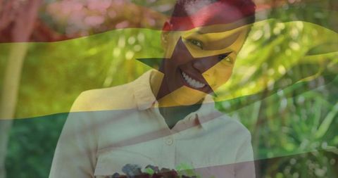 Smiling Woman with Fresh Berries in Garden Food Sustainability Jewel Toned Overlay