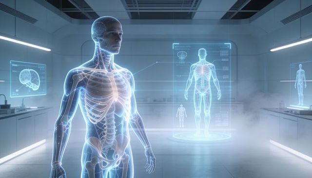 Projecting futuristic holographic male anatomy with transparent organs in clinical lab