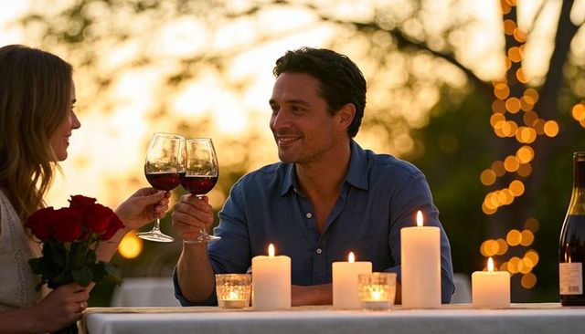 Romantic candlelit dinner at sunset couple clinking wine glasses holding bouquet of roses outdoors