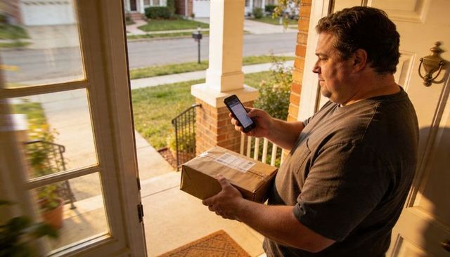 Man holding parcel checking phone at sunlit suburban front porch during golden hour