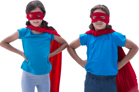 Transparent two kids dressed as superheroes with red capes and masks