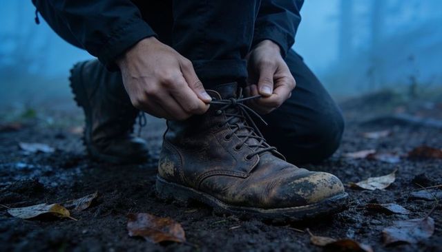 Lacing muddy leather boots while kneeling on foggy forest floor, hiker preparing for trek