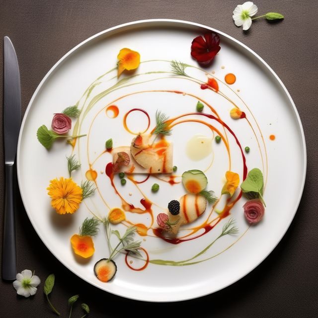 Close up of white plate with food, docorated with flowers created using generative ai technology. Dinner, restaurant and food concept digitally generated image.