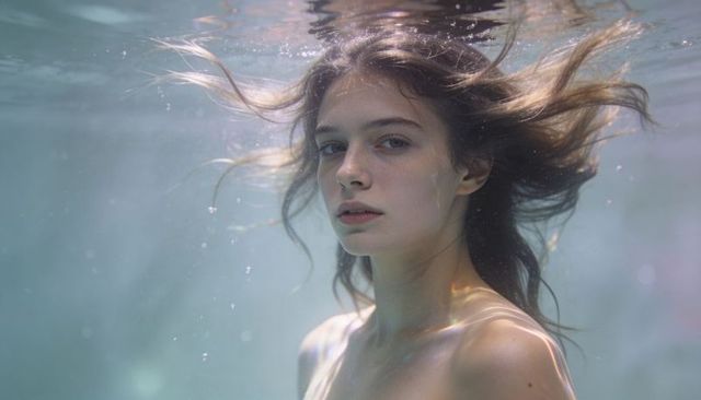 Underwater portrait of young woman with flowing hair, ethereal caustic light, tranquil