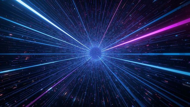 Glowing Sphere Emitting Neon Beams in Digital Hyperspace Tunnel