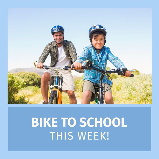 Caucasian father and young son enjoying a bike ride in a scenic park, promoting bike to school week. This image can be used for campaigns encouraging physical activity, family bonding, and healthy lifestyles. Perfect for school, family events, health and wellness promotions.