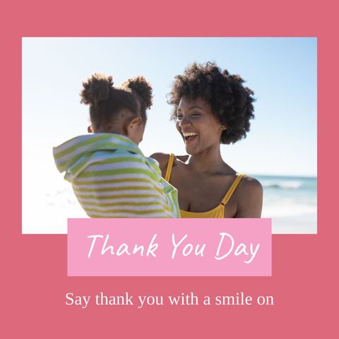 captures joyful moment of african american mother holding her daughter at beach, expressing gratitude on thank you day. perfect for family-oriented celebrations, parenting blogs, or campaigns focusing on appreciation and happiness. ideal for social media posts promoting love and thankfulness, or as heartfelt content in newsletters or greeting cards.