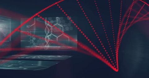 Futuristic virtual lab with dna holographic displays and data stream