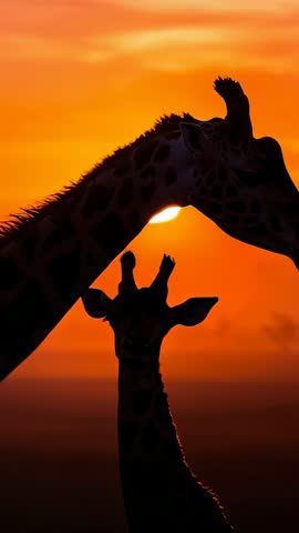 Giraffe Pair Tilting Necks as Sun Sinks Behind African Savannah Horizon