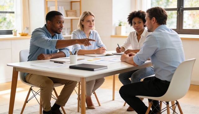 Diverse business team collaborating around table, pointing and taking notes in bright workspace