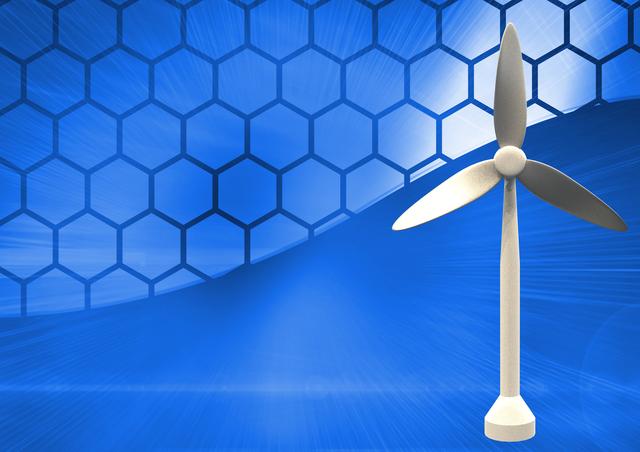 This digital composite image features a wind turbine set against a blue background with a hexagonal pattern. It is ideal for use in projects related to renewable energy, sustainability, and technological advancements in clean energy. The futuristic design makes it suitable for presentations, websites, and educational materials focused on environmental conservation and eco-friendly power generation.