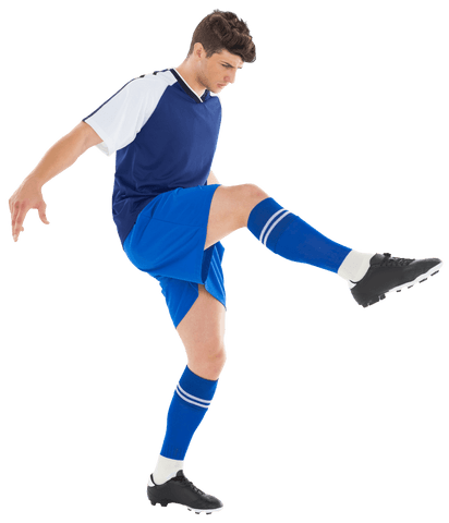 Focused Footballer Kicking Ball on Transparent Background
