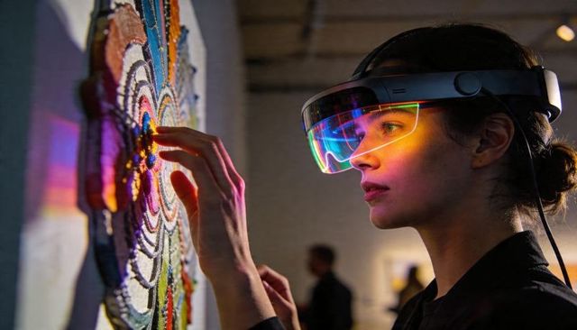 Woman wearing mixed reality visor exploring tactile beaded mosaic in contemporary gallery