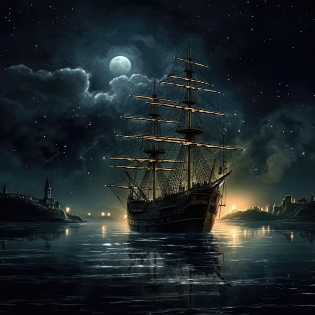 A majestic sailing ship rests under a moonlit sky. Illuminated by the soft glow of the moon, the vessel's details stand out against the tranquil night waters.