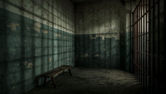 Decaying Prison Cell with Wooden Bench and Rusted Bars