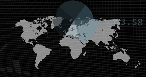 Global data dashboard showing world map silhouette with pie overlay and analytics grid