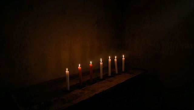 Row of lit candles casting warm glow in dim room