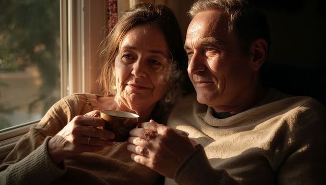 Senior couple sharing steaming tea beside window, warm golden light, cozy companionship