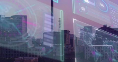Urban skyline reflecting holographic HUD interface at dusk with neon data overlay