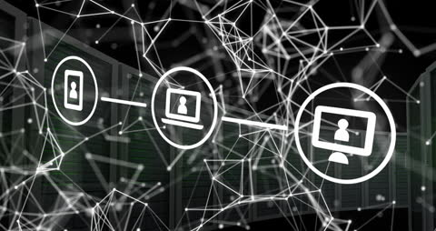 Connected Icons and Digital Network Overlaps on Server Racks