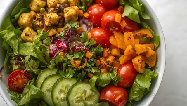 Colorful vegetable tofu salad with fresh herbs