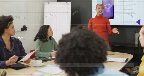 Female presenter leading team meeting in boardroom with digital screen and flipchart