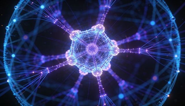 Glowing polyhedral network core pulsing with neon nodes and filaments in dark space