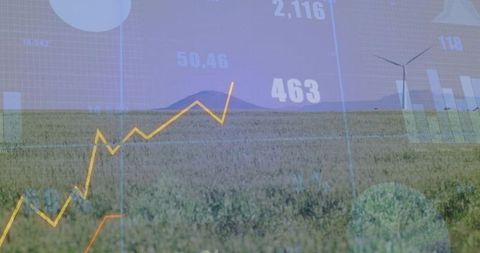 Renewable Energy Analytics Overlaying Windfarm and Meadow with Rising Line Chart