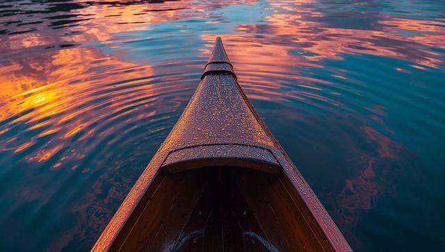 Canoe Cutting Waves on Reflective Sunset Lake