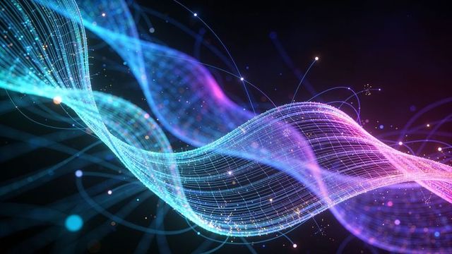 Abstract neon mesh ribbon flowing through dark digital space with luminous particles