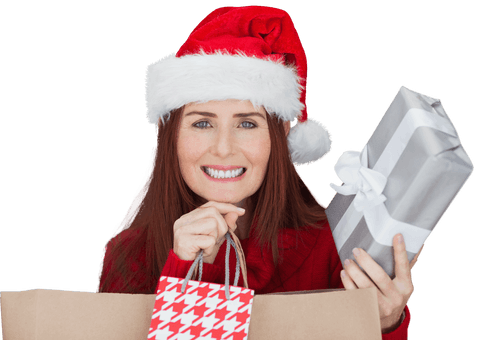 Cheerful Woman With Gifts and Santa Hat Transparent Background