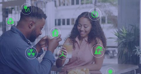 Eco-friendly cafe conversation with sustainable icons