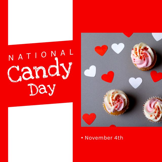 Composition of national candy day text over cupcakes. National candy day and celebration concept digitally generated image.