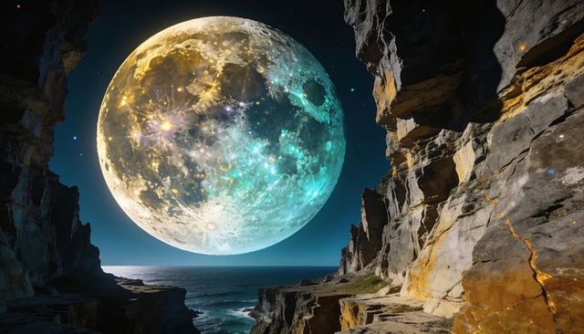 Glowing giant moon over coastal canyon casting gold and teal light on cliffs and ocean