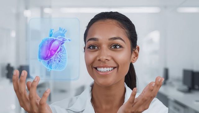 Smiling indian researcher in lab coat gesturing toward holographic heart projection and ai